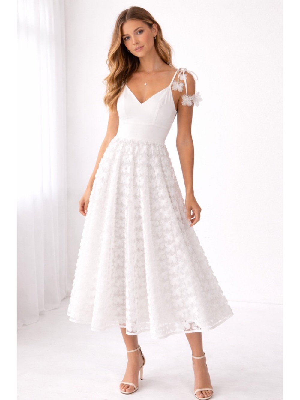 NWT Layered With Love Butterfly 3D Applique Lace White Cotton Midi Dress
